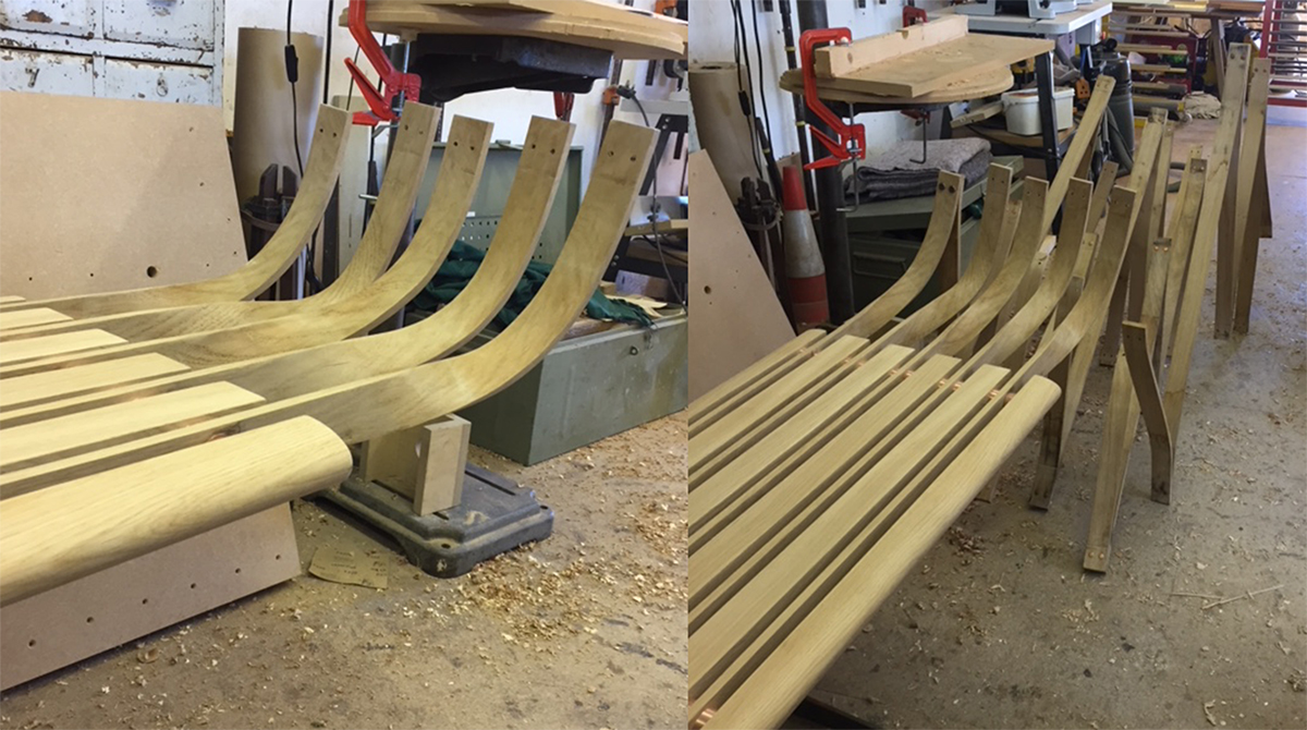 Elements of Toby Winteringham's beautiful oak bench in his workshop ready for delivery to Chelsea